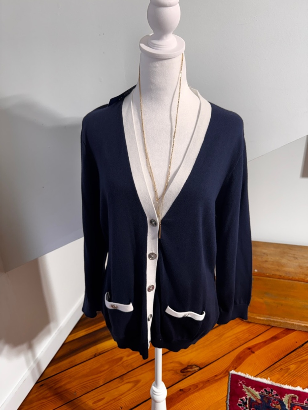 Ralph Lauren Chaps Navy and Cream V-Neck Button Front Cardigan NWT XL